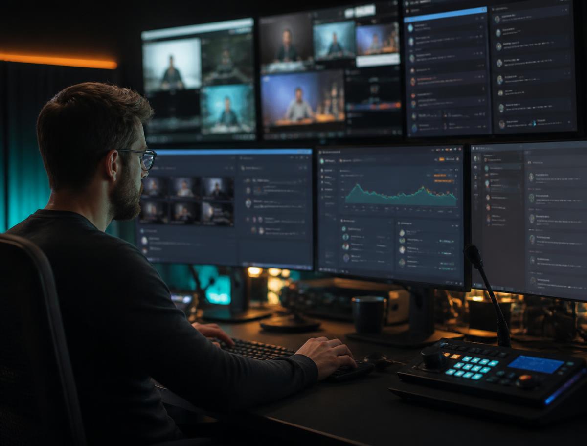 Operatore in una sala controllo con dashboard streaming e chat